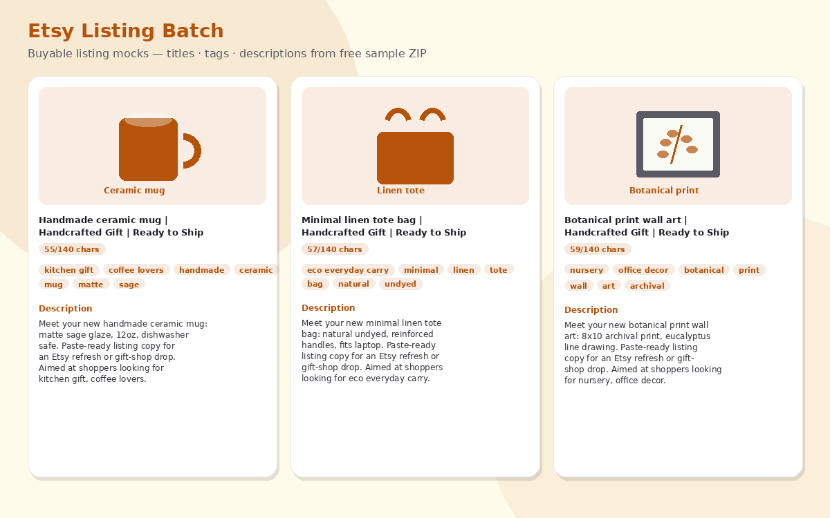 Sample output preview for Etsy Listing Batch